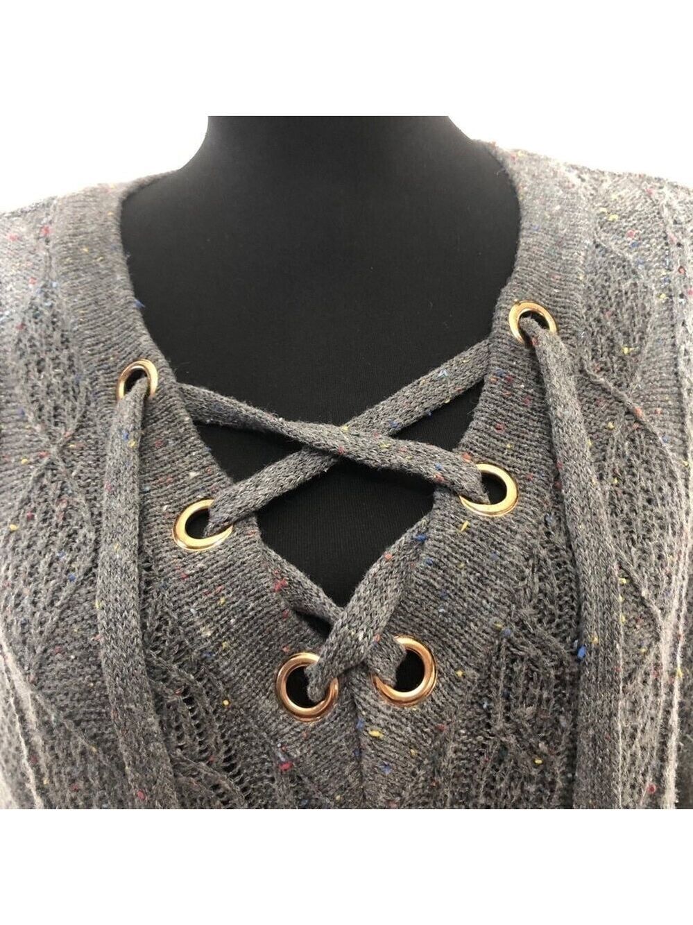 Vintage Y2K sweater dress gray CableKnit Laced V Neck langenlook boho festival S - Picture 7 of 9